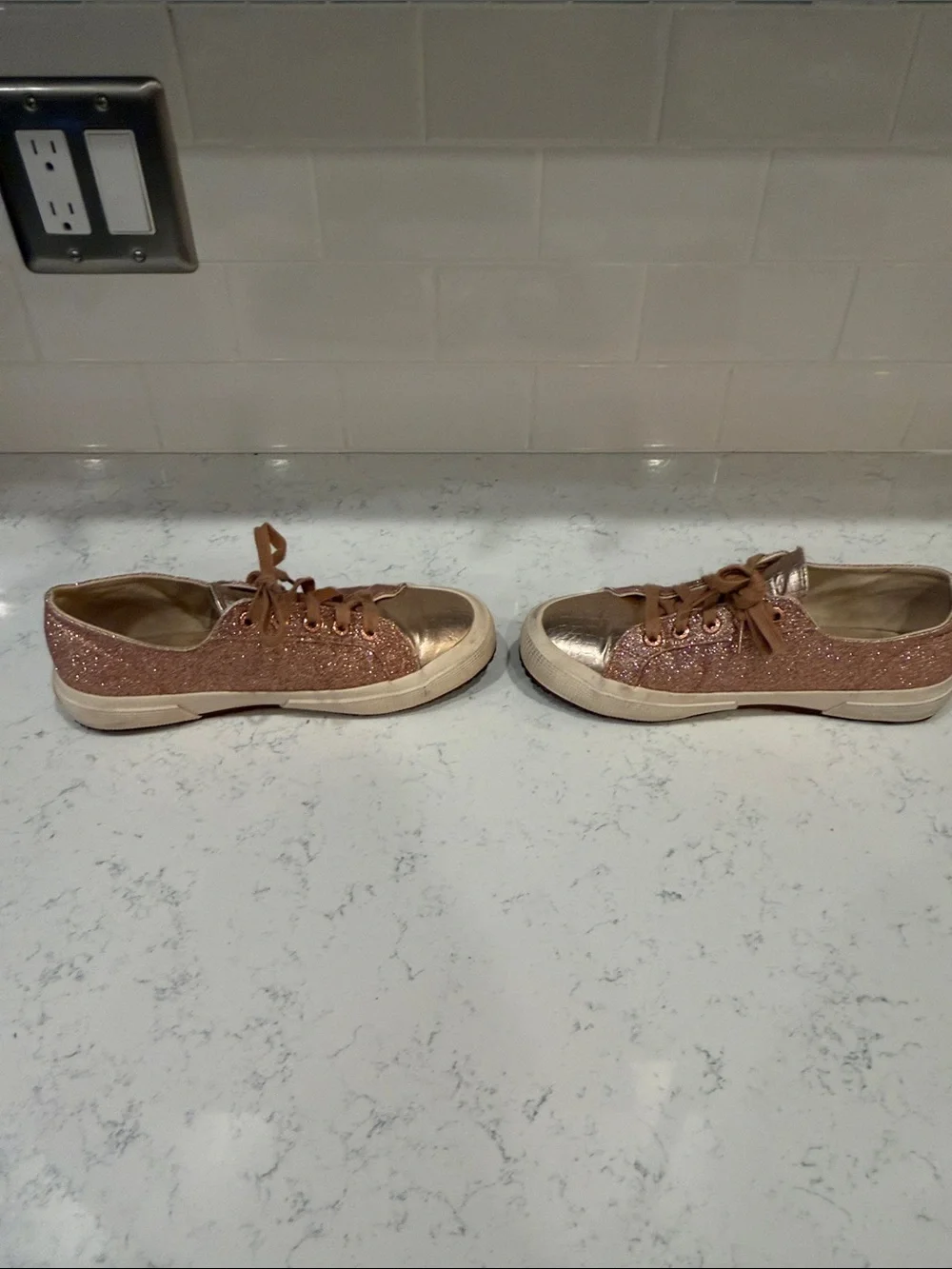 Superga Rose Gold Glitter and Metallic Lace-Up Glam Sneakers Size 38